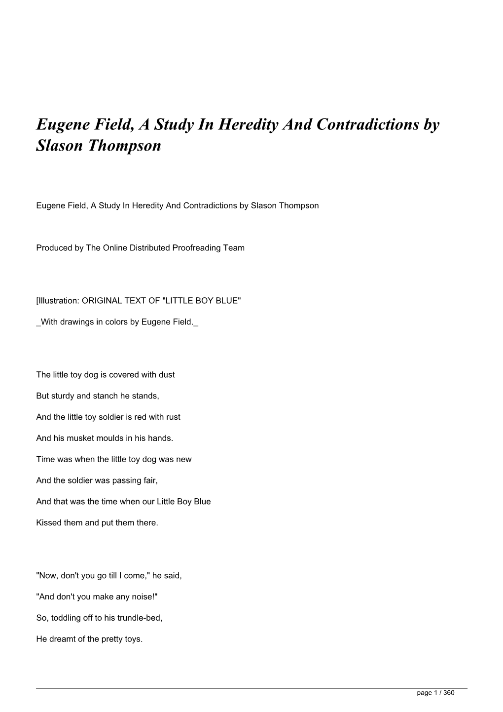 Eugene Field, a Study in Heredity and Contradictions by Slason Thompson&lt;/H1&gt;