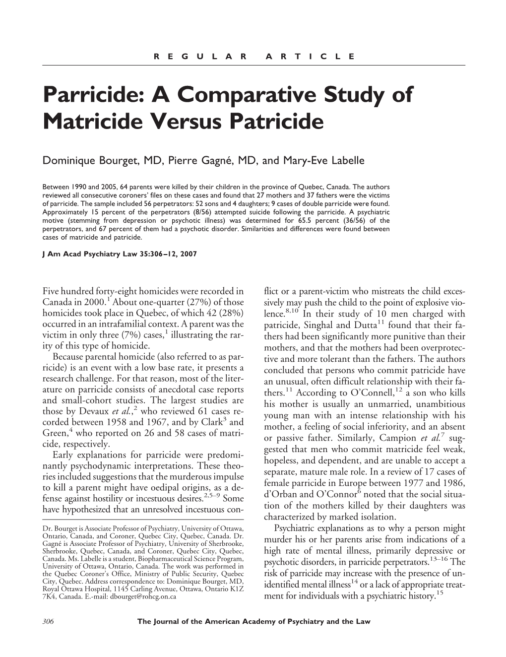 Parricide: a Comparative Study of Matricide Versus Patricide