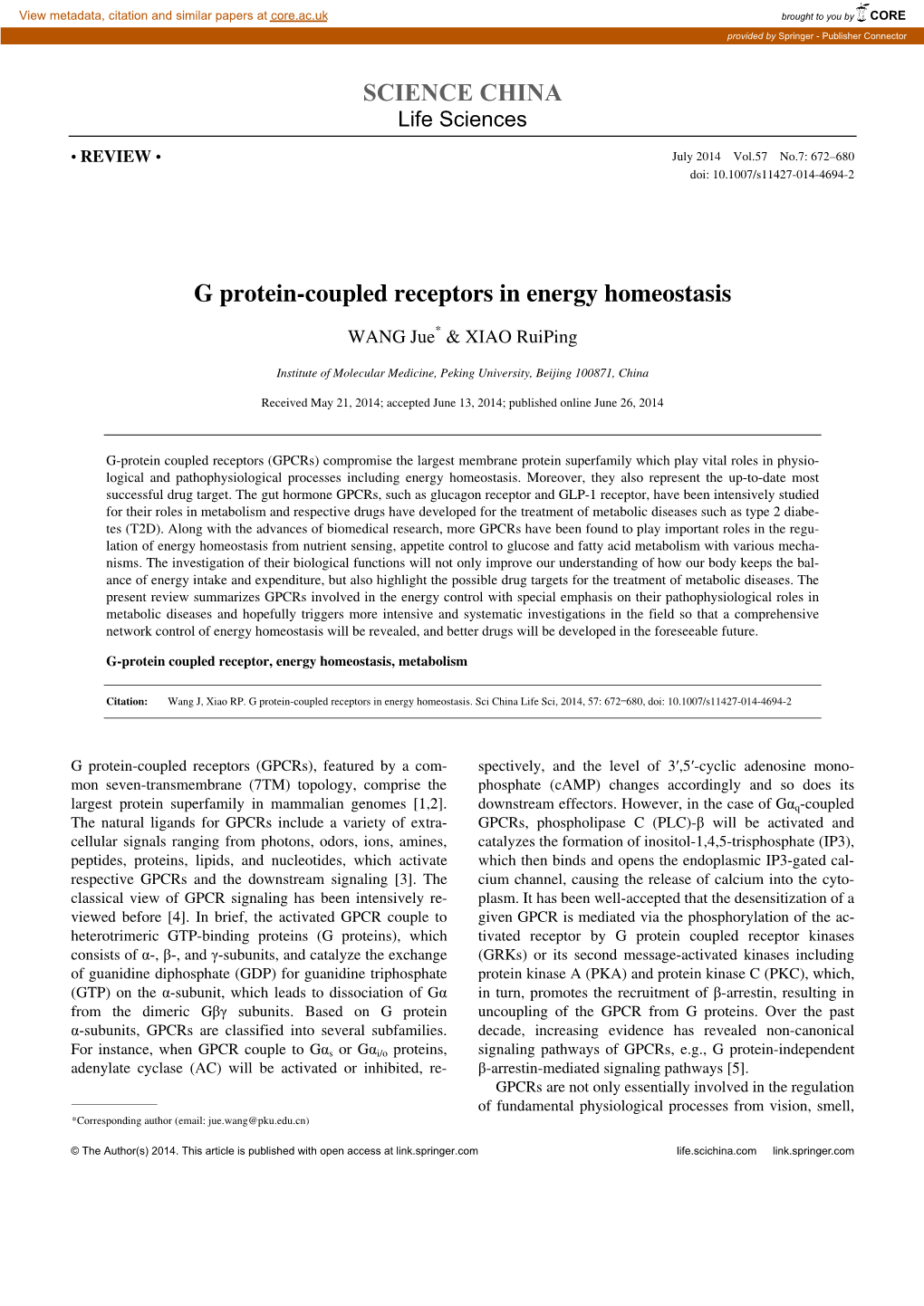 SCIENCE CHINA G Protein-Coupled Receptors in Energy Homeostasis