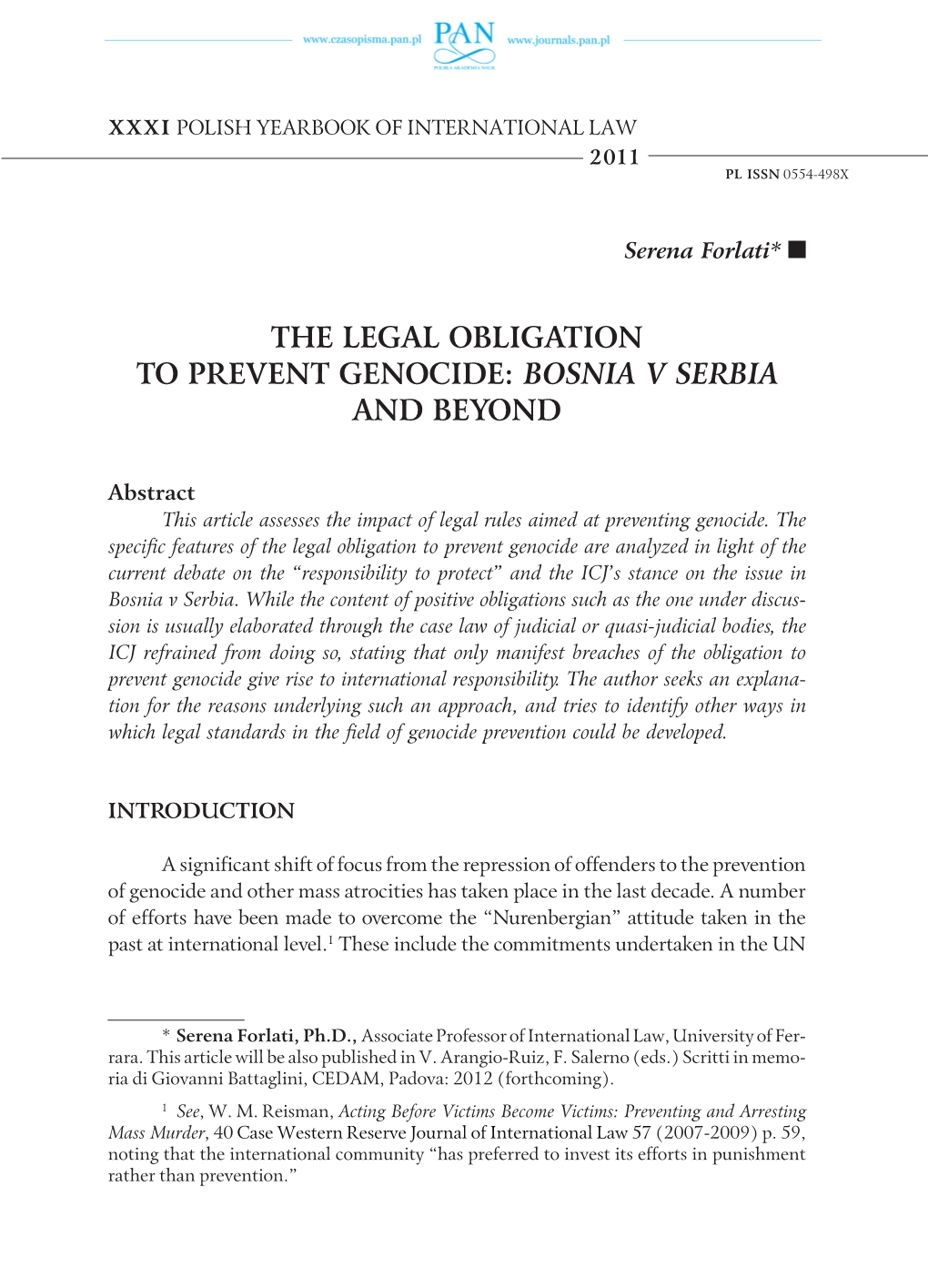The Legal Obligation to Prevent Genocide: Bosnia V Serbia and Beyond
