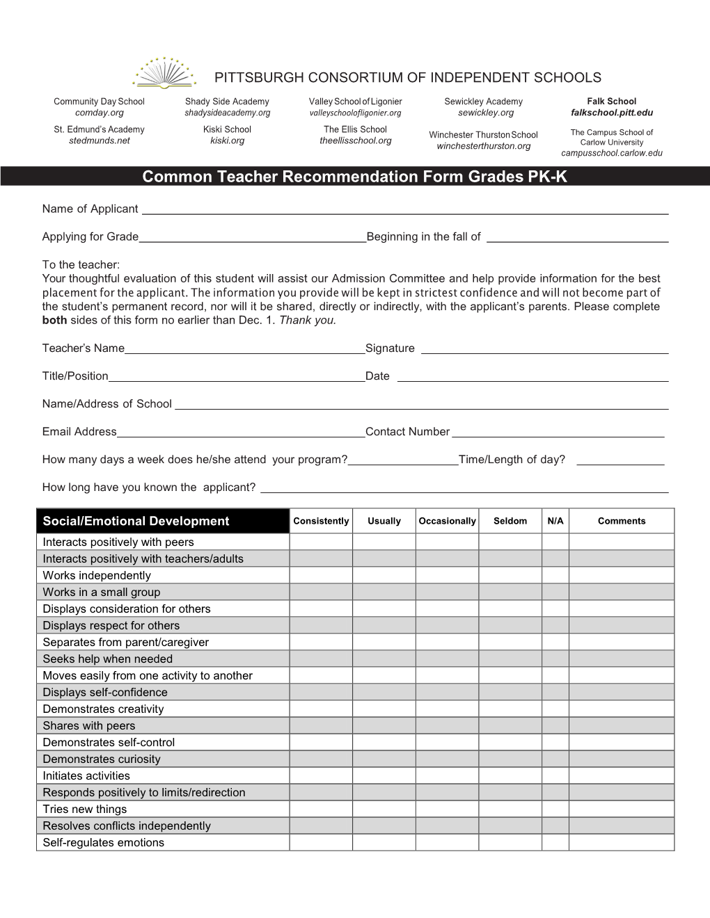 Common Teacher Recommendation Form Grades PK-K