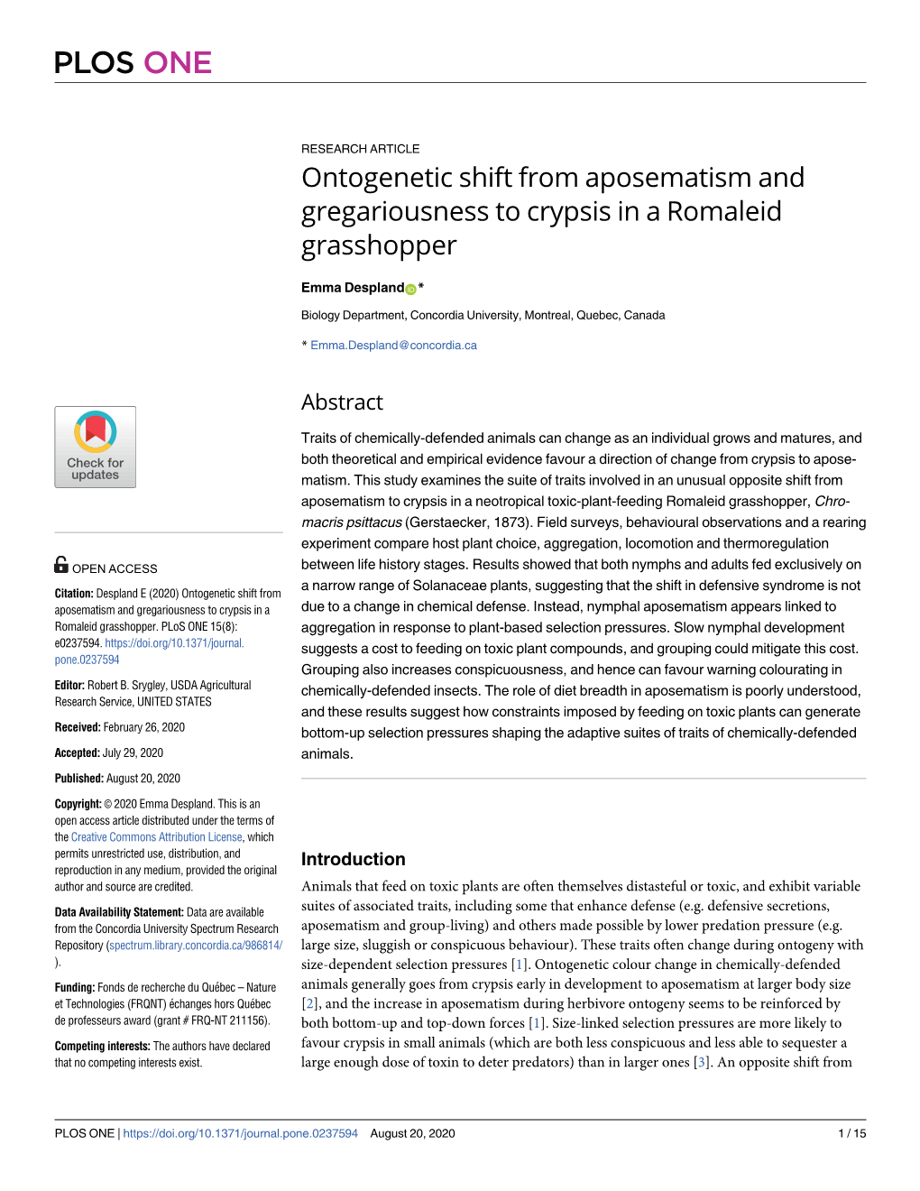 Ontogenetic Shift from Aposematism and Gregariousness to Crypsis in a Romaleid Grasshopper