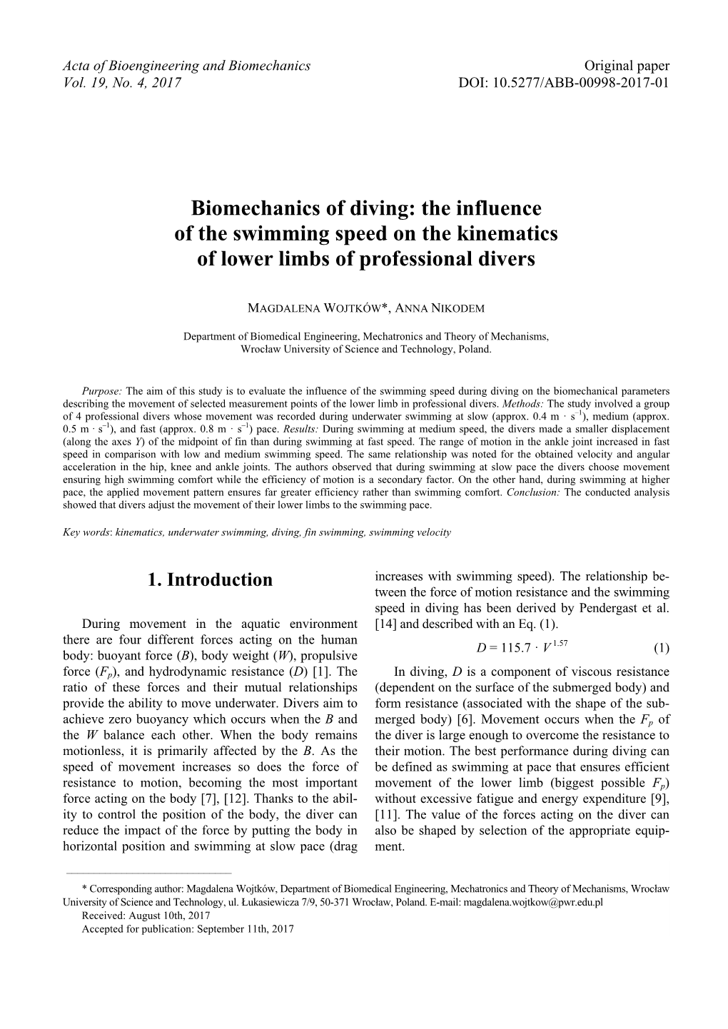 Biomechanics of Diving: the Influence of the Swimming Speed on the Kinematics of Lower Limbs of Professional Divers