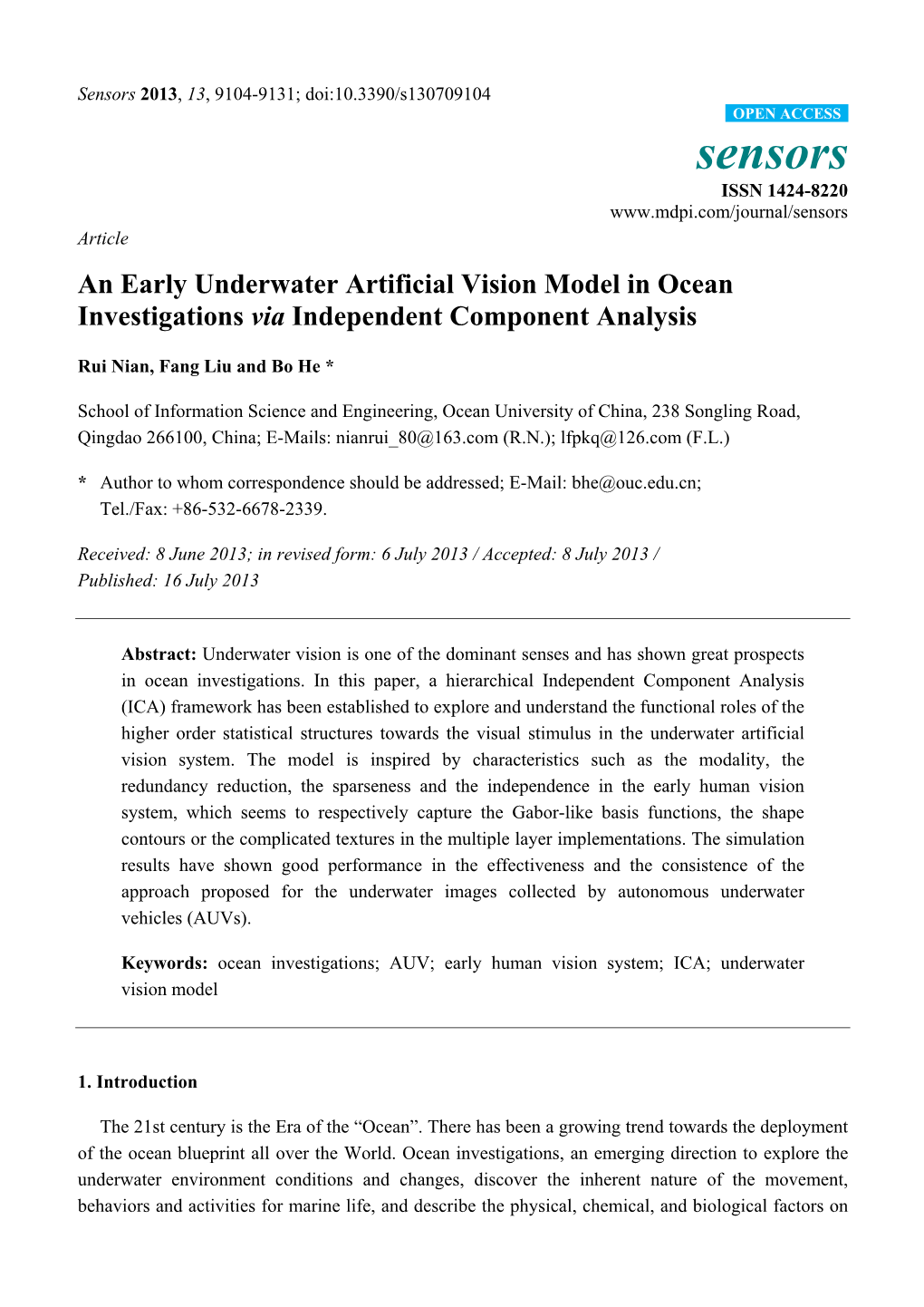 An Early Underwater Artificial Vision Model in Ocean Investigations Via Independent Component Analysis