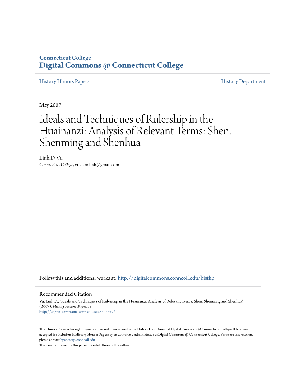 Ideals and Techniques of Rulership in the Huainanzi: Analysis of Relevant Terms: Shen, Shenming and Shenhua Linh D