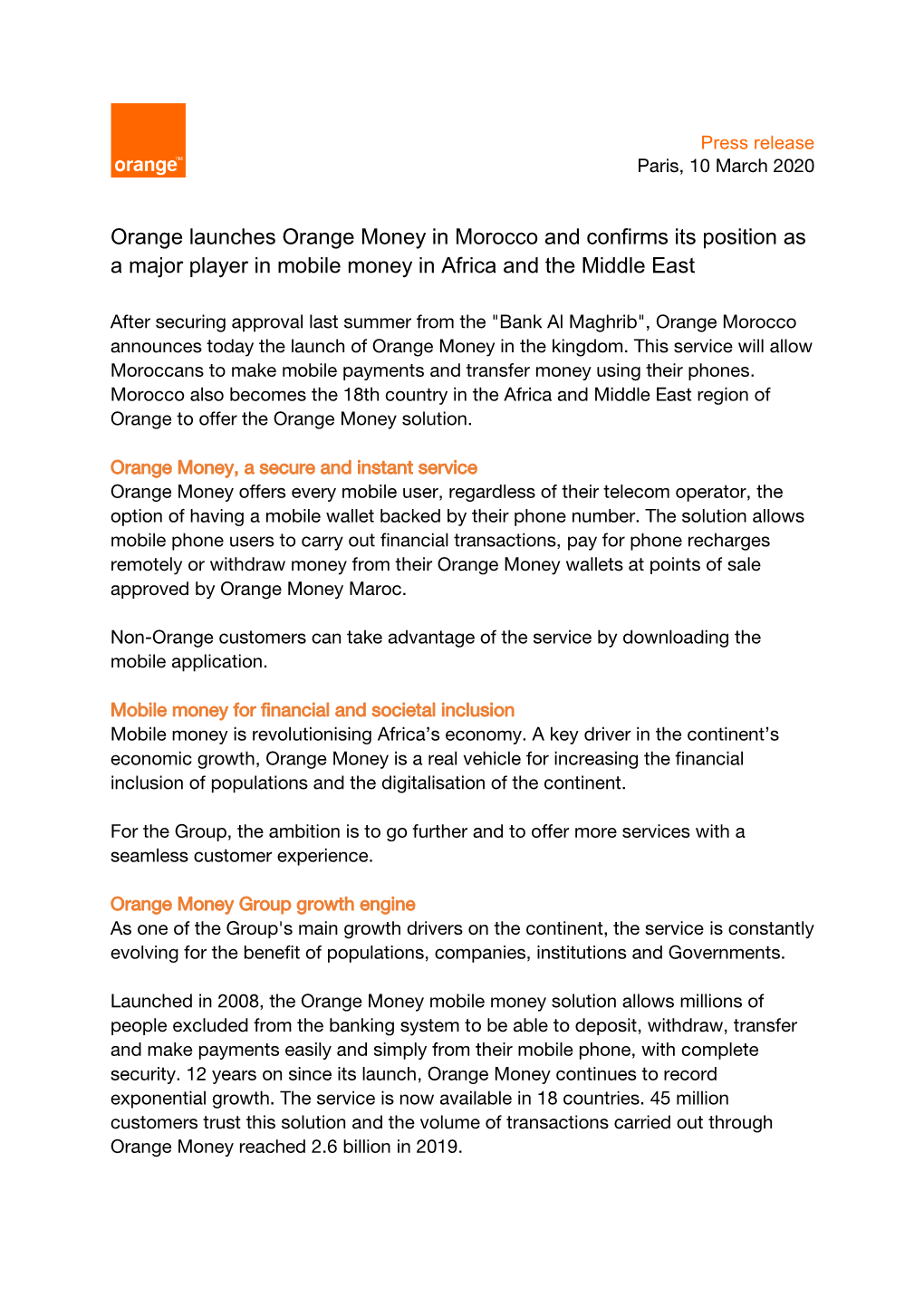 Orange Launches Orange Money in Morocco and Confirms Its Position As a Major Player in Mobile Money in Africa and the Middle East