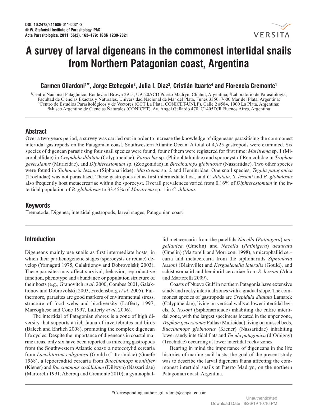 A Survey of Larval Digeneans in the Commonest Intertidal Snails from Northern Patagonian Coast, Argentina
