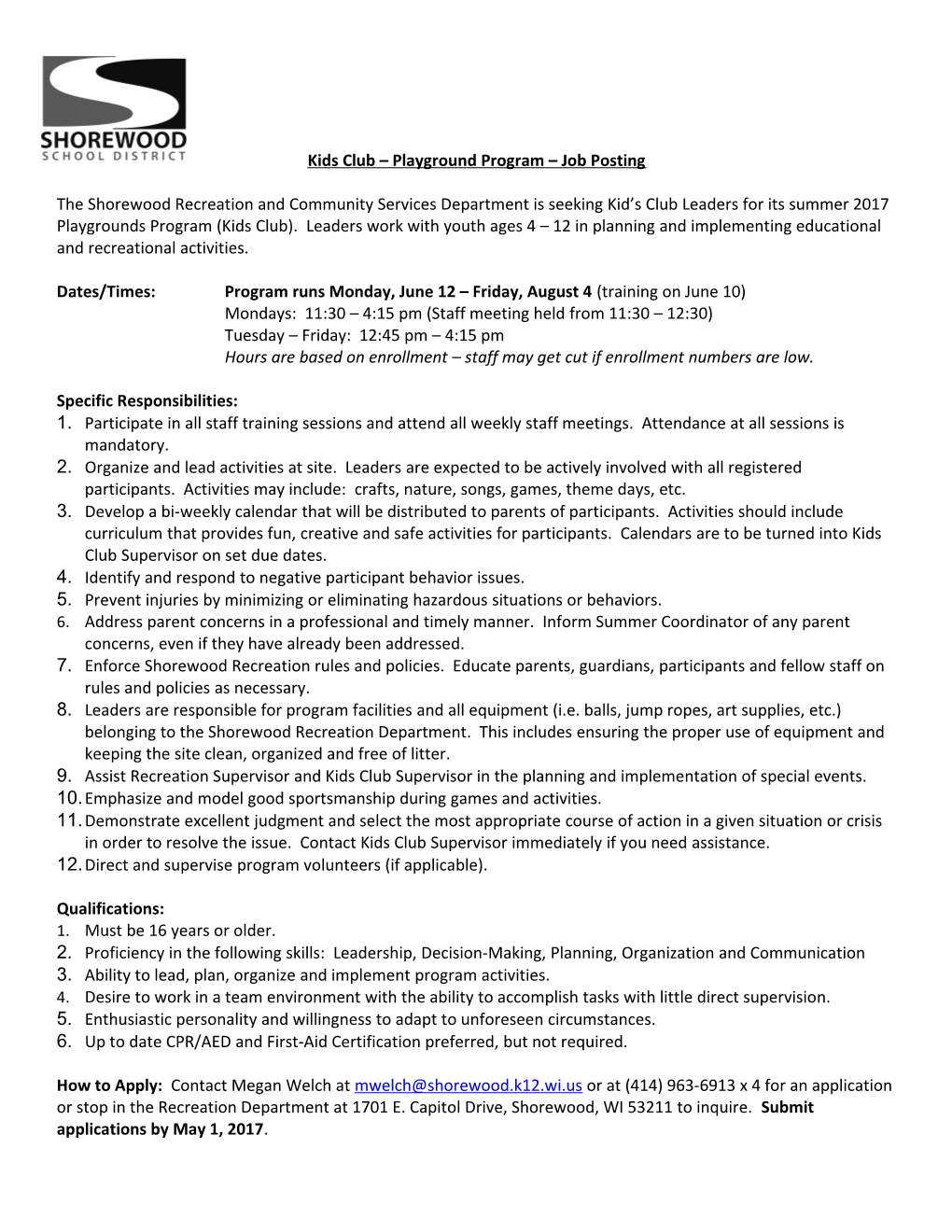 Kids Club Playground Program Job Posting