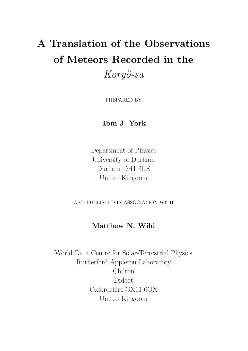 A Translation of the Observations of Meteors Recorded in the Koryŏ-Sa