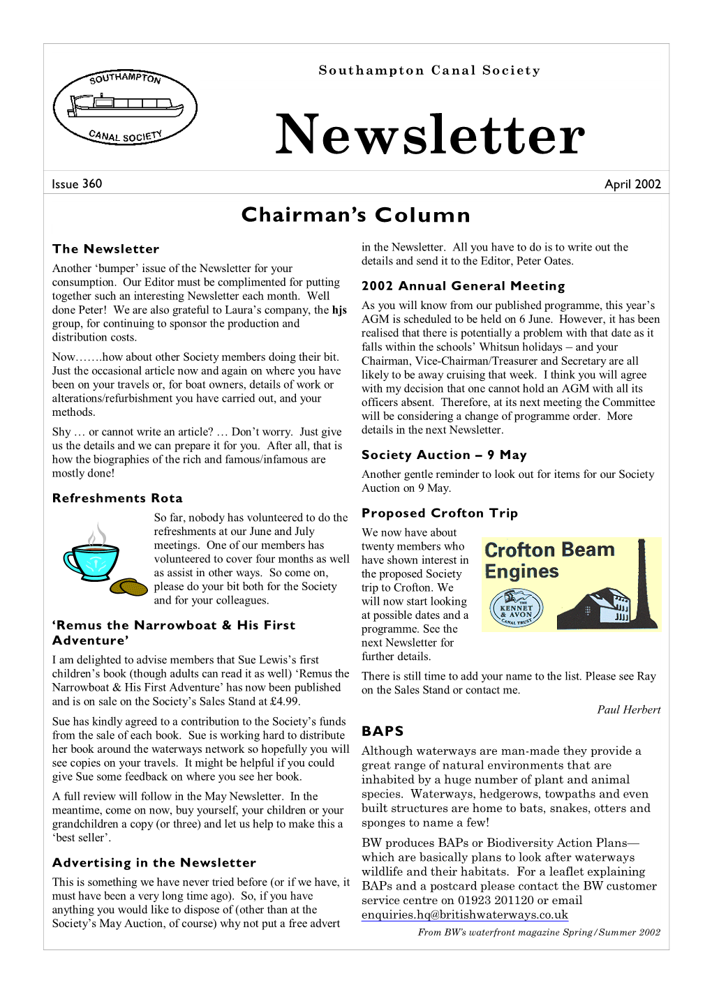 Southampton Canal Society Newsletter Issue 360 April 2002 Chairman’S Column