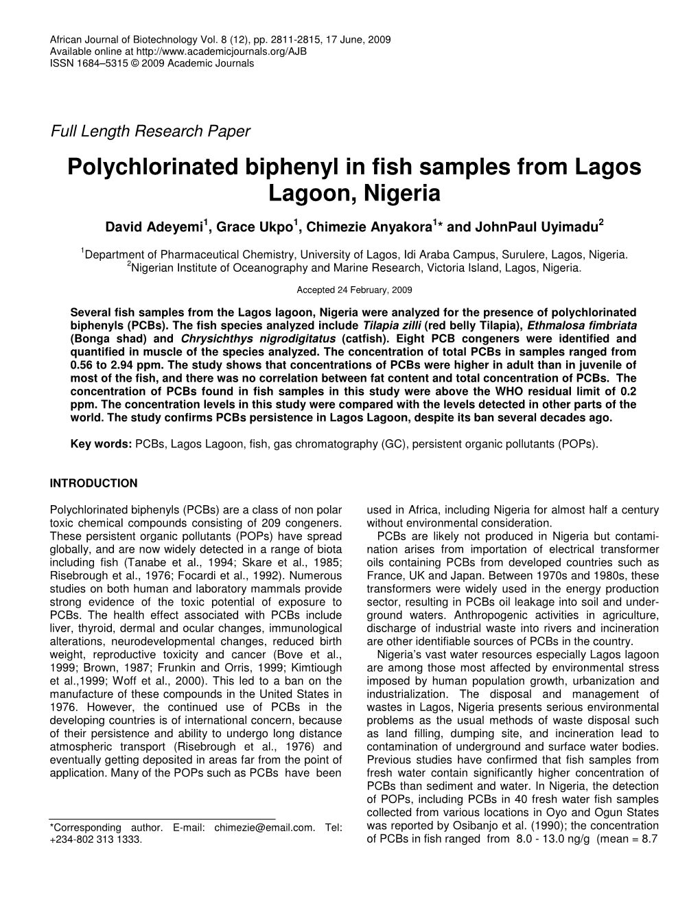 Polychlorinated Biphenyl in Fish Samples from Lagos Lagoon, Nigeria