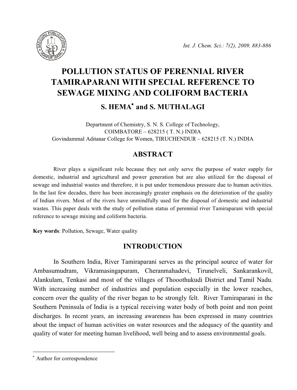 Pollution Status of Perennial River Tamiraparani with Special Reference to Sewage Mixing and Coliform Bacteria S