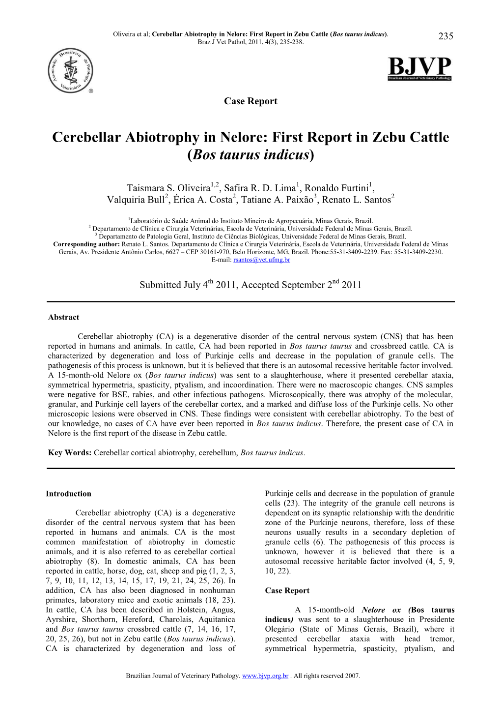 Cerebellar Abiotrophy in Nelore: First Report in Zebu Cattle (Bos Taurus Indicus)