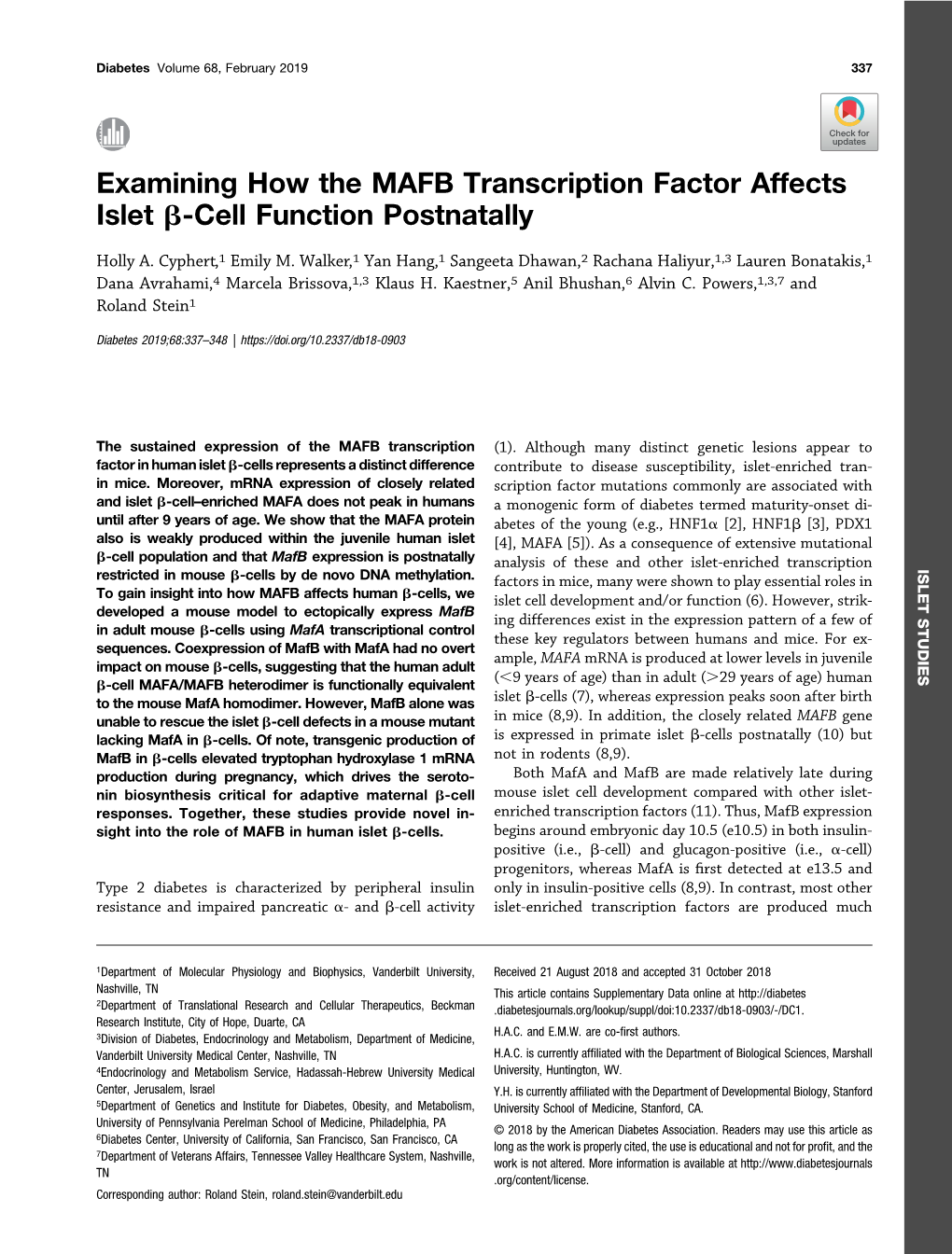 Examining How the MAFB Transcription Factor Affects Islet Β