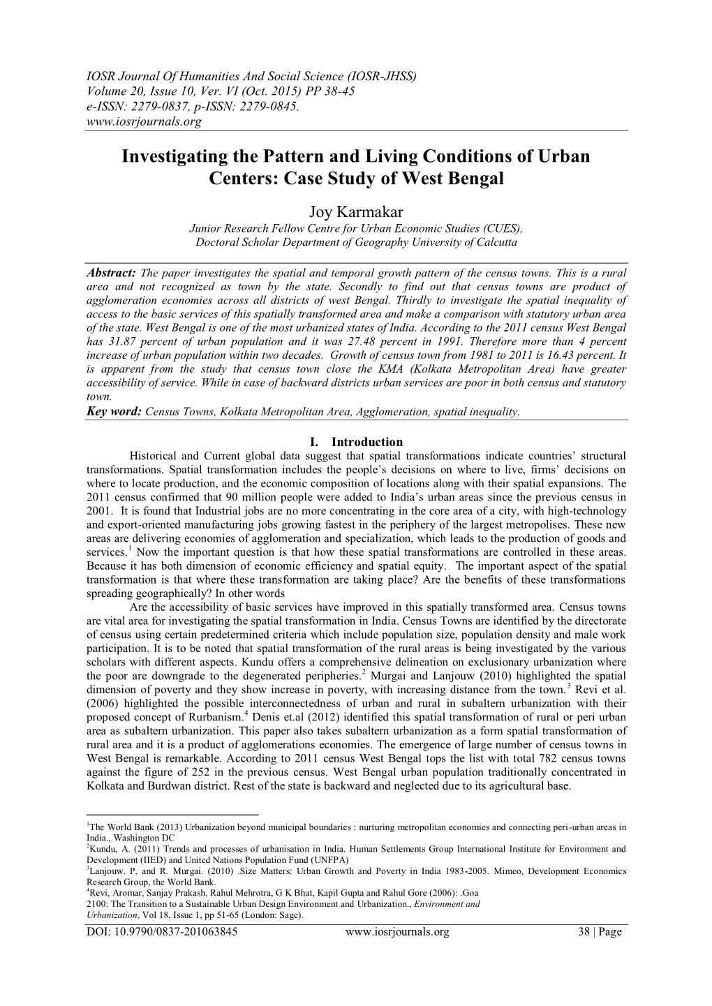 Investigating the Pattern and Living Conditions of Urban Centers: Case Study of West Bengal