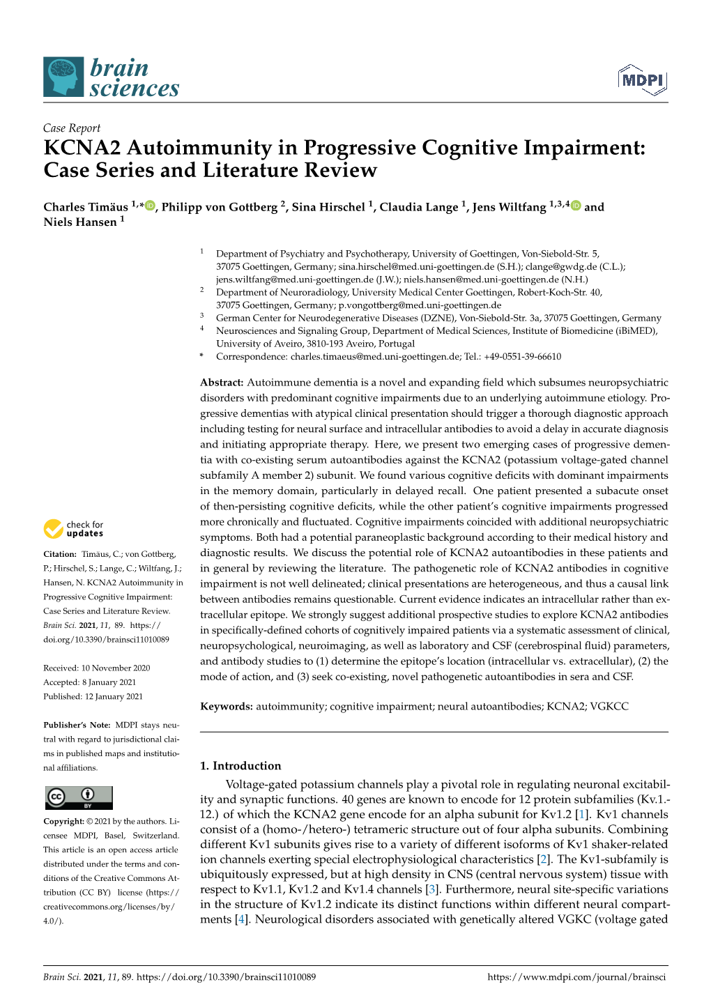 KCNA2 Autoimmunity in Progressive Cognitive Impairment: Case Series and Literature Review