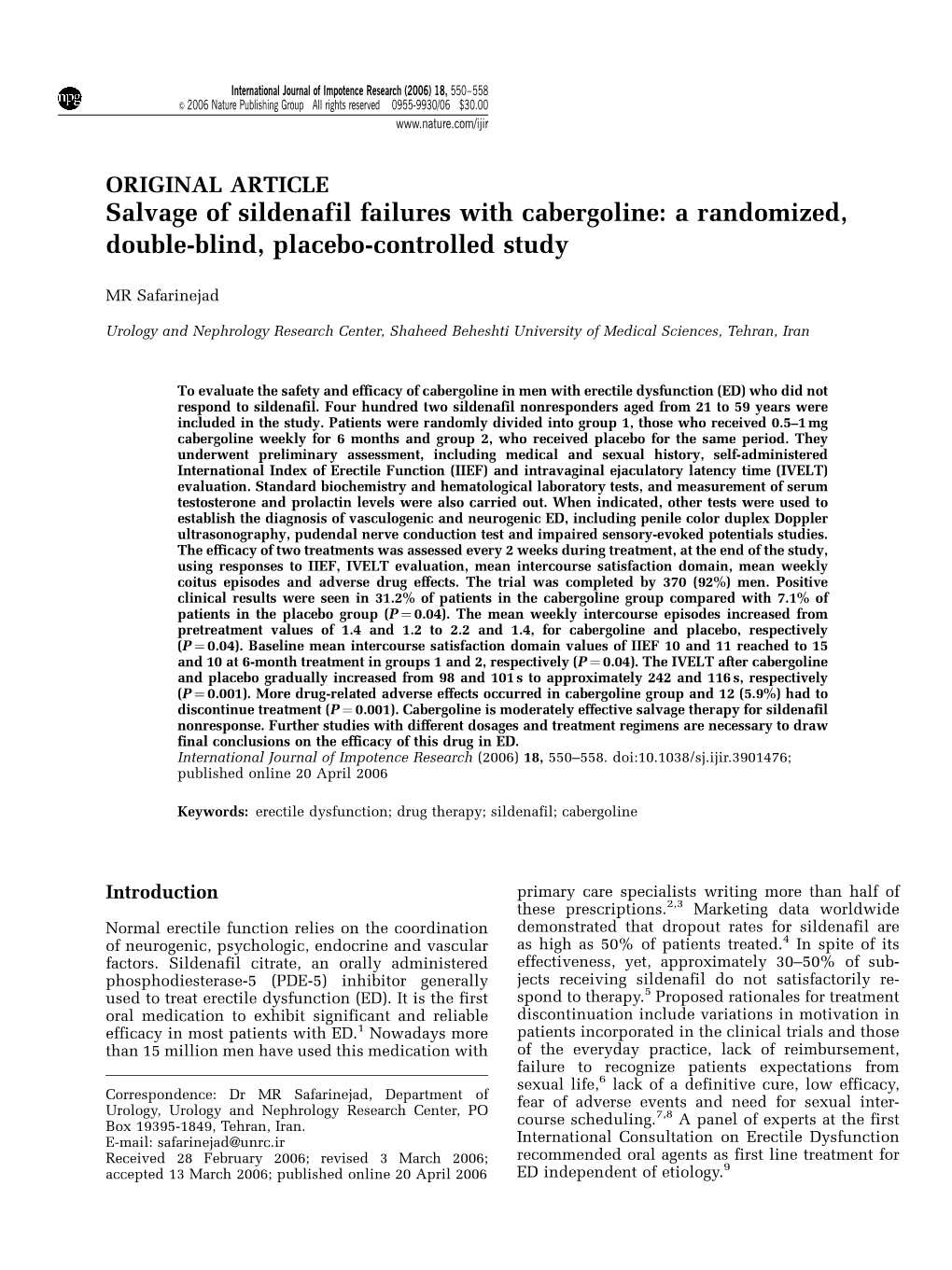 Salvage of Sildenafil Failures with Cabergoline: a Randomized, Double-Blind, Placebo-Controlled Study