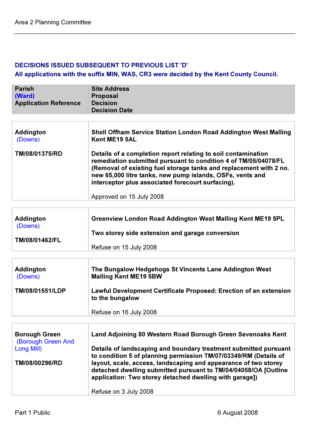 Area 2 Planning Committee Part 1 Public 6 August 2008 DECISIONS