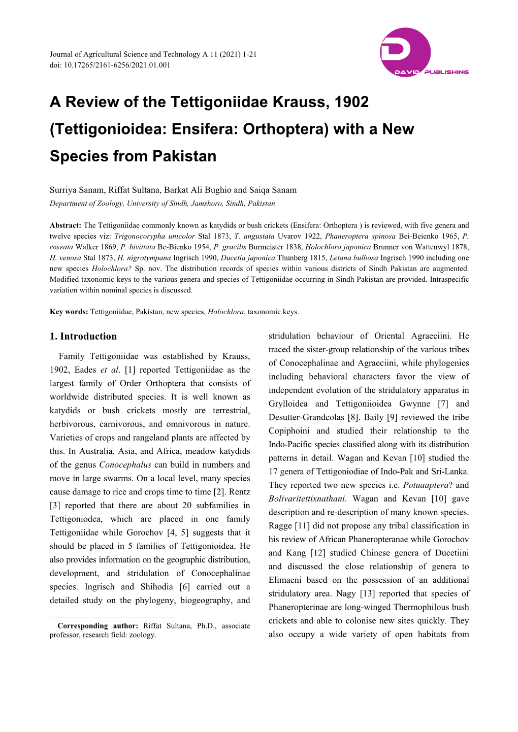 Tettigonioidea: Ensifera: Orthoptera) with a New Species from Pakistan