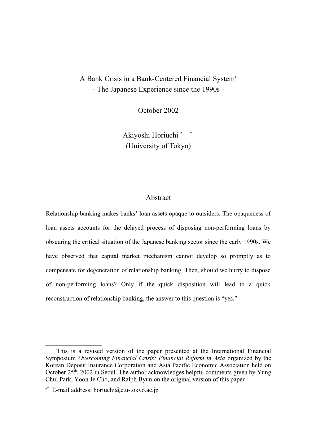 Financial Fragility in Japan: a Governance Issue*