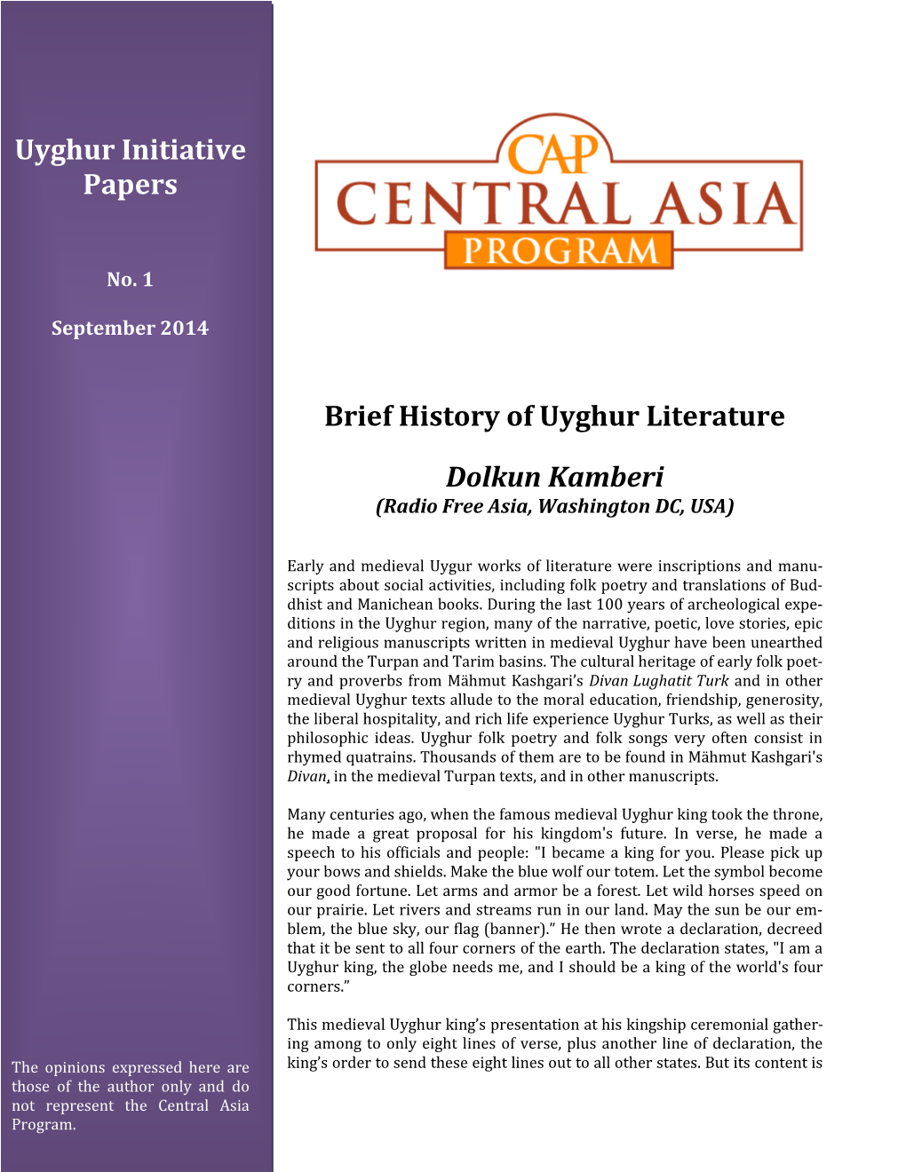 Brief History of Uyghur Literature Dolkun Kamberi Uyghur Initiative Papers