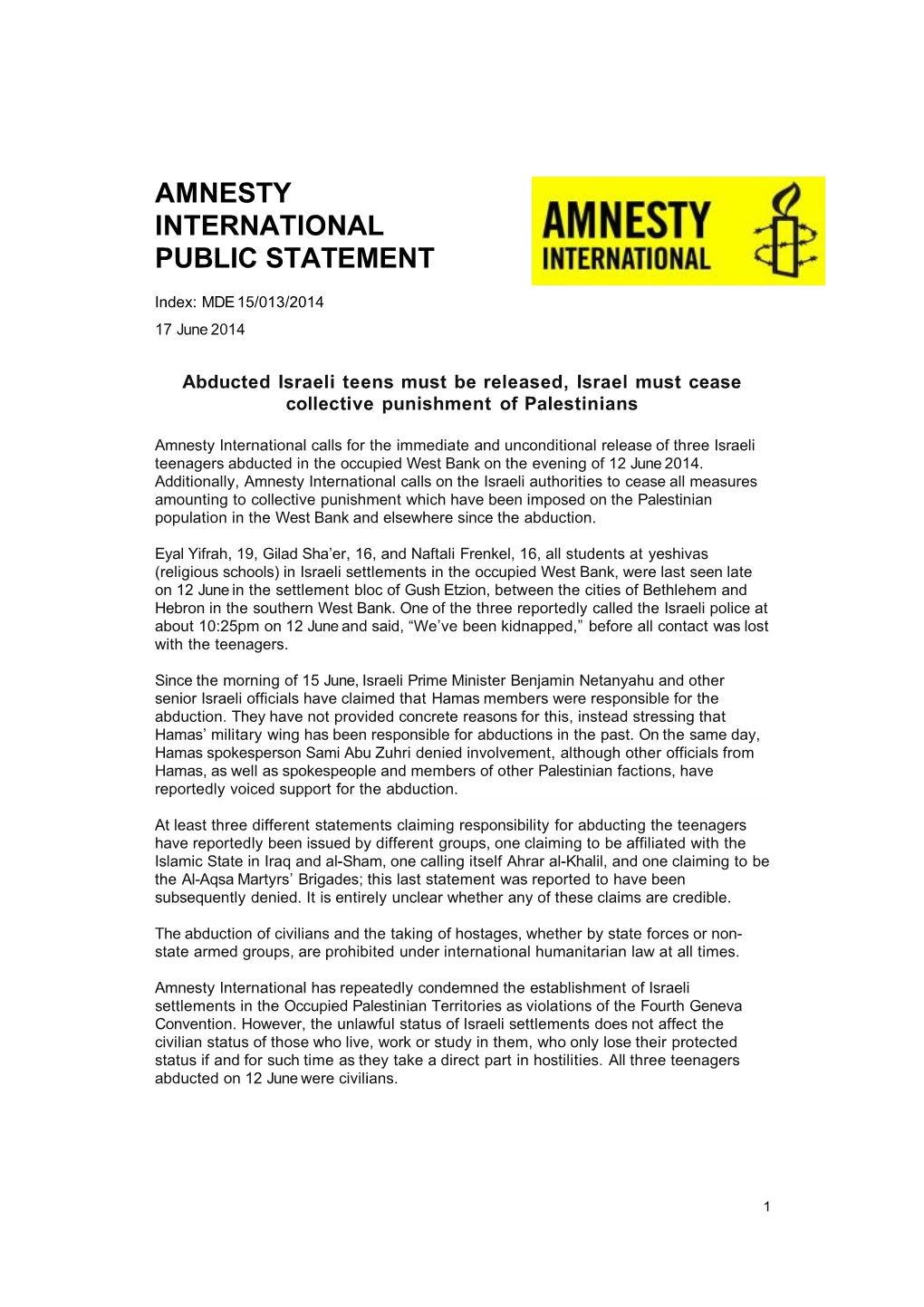 Amnesty International Public Statement