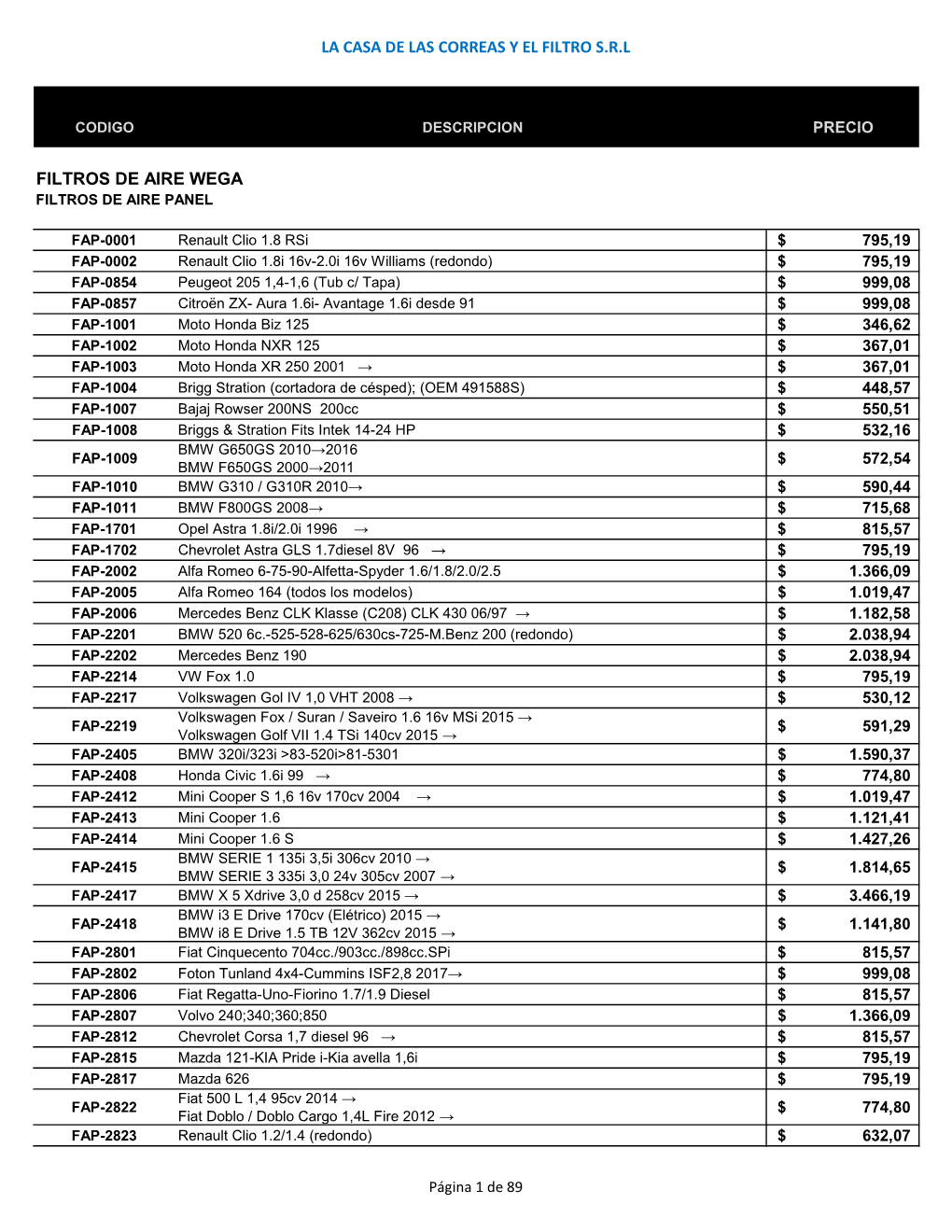 Lista De Precios General