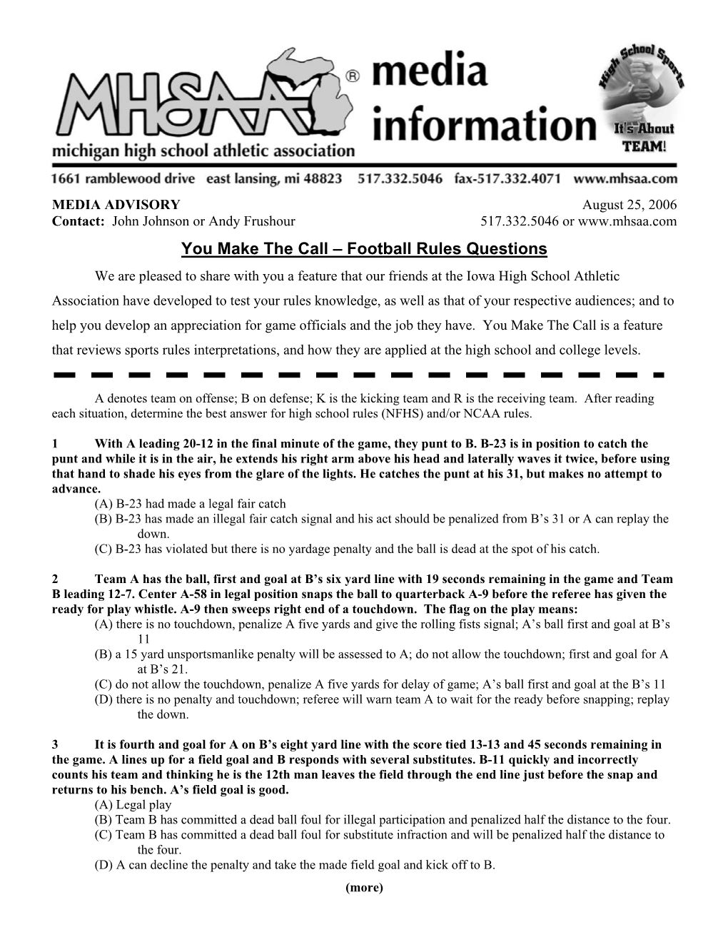 You Make the Call – Football Rules Questions