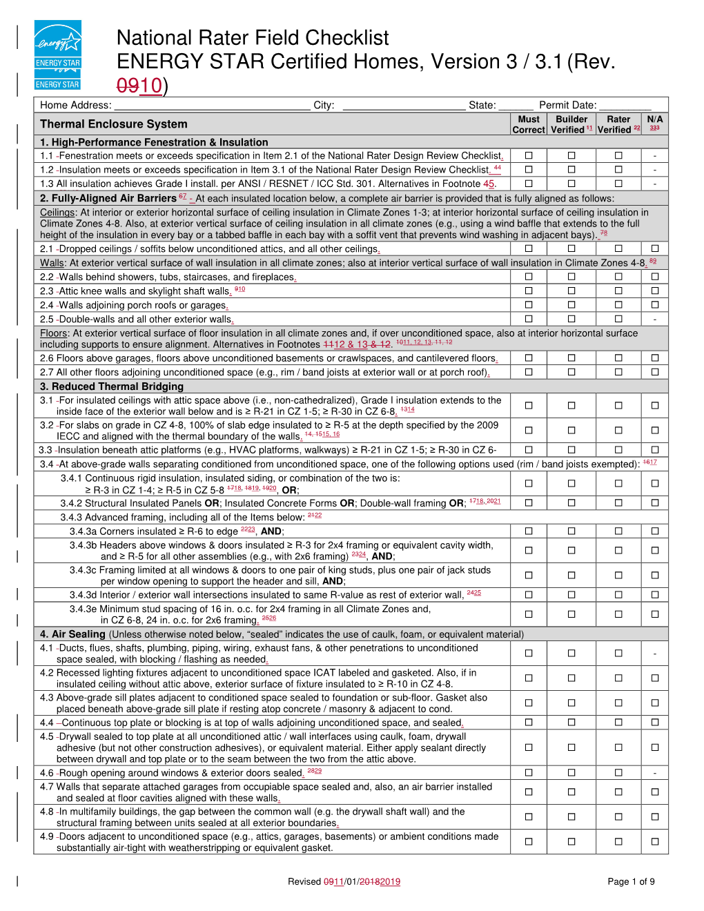 National Rater Field Checklist ENERGY STAR Certified Homes