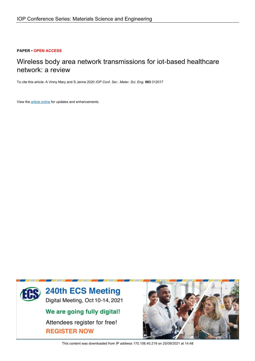 Wireless Body Area Network Transmissions for Iot-Based Healthcare Network: a Review