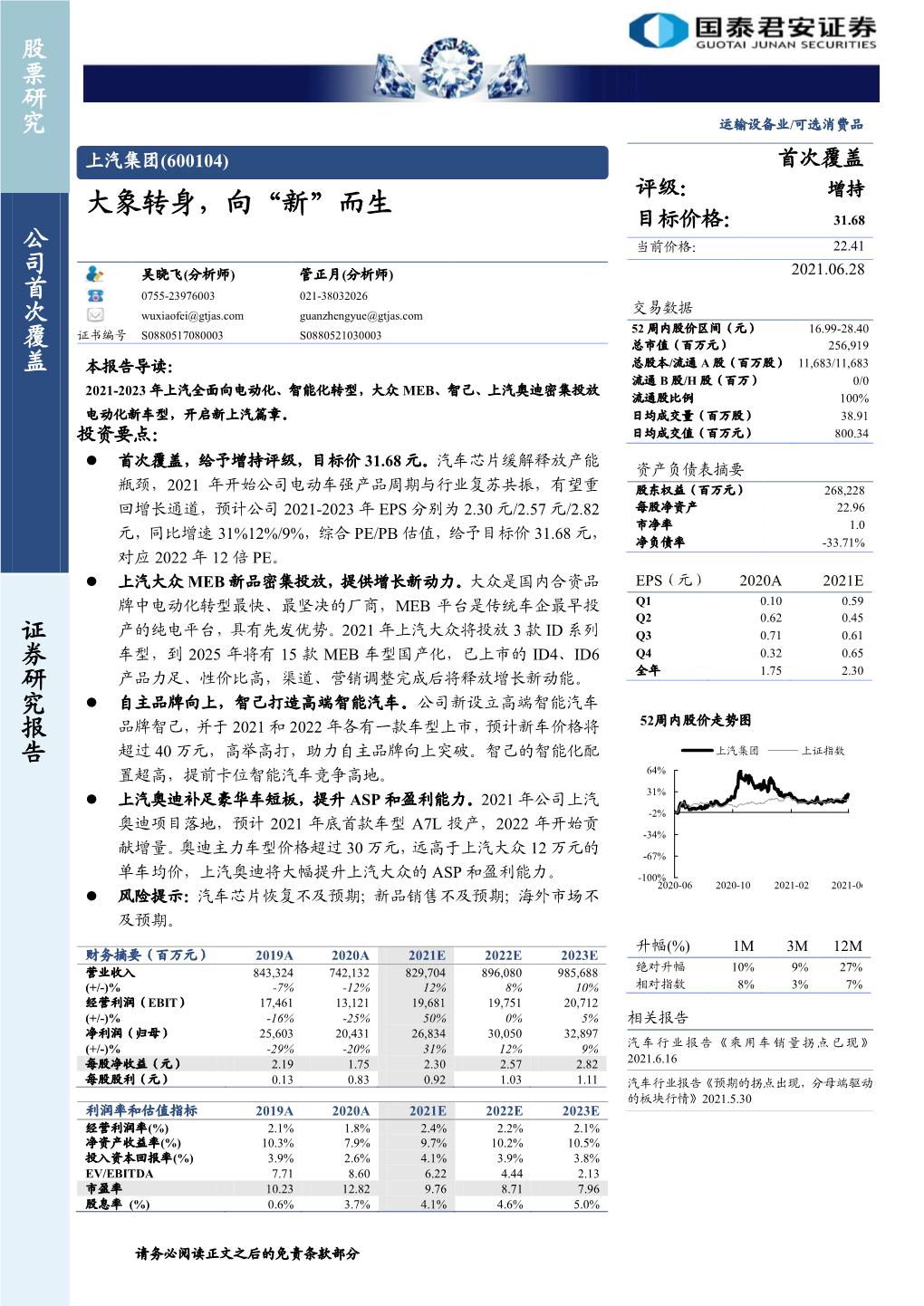 大象转身，向“新”而生 目标价格： 31.68 公 当前价格： 22.41 司 2021.06.28 吴晓飞(分析师) 管正月(分析师)