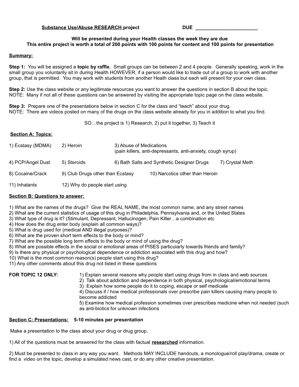 8Th Grade Substance Use/Abuse Project