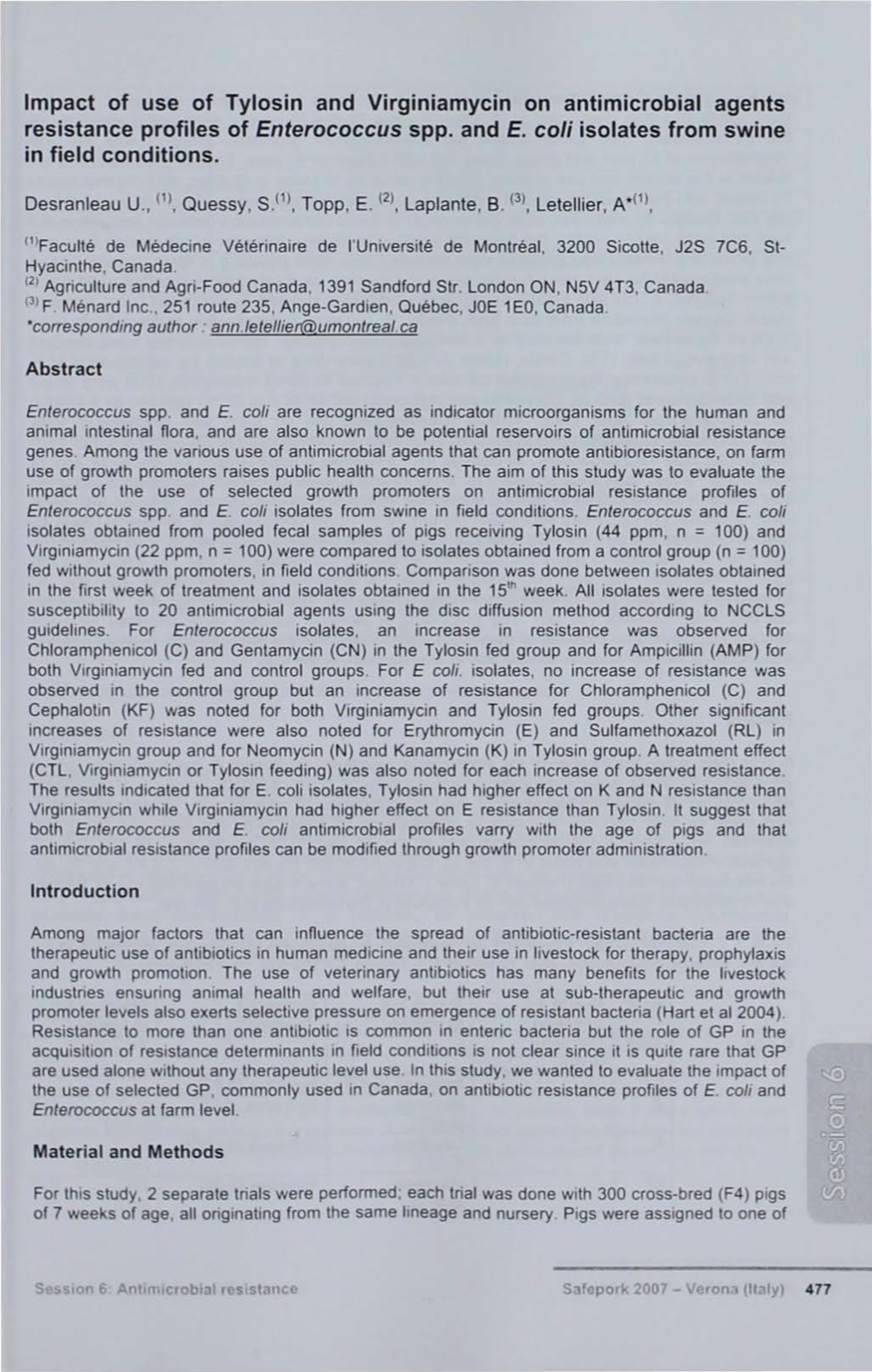 Impact of Use of Tylosin and Virginiamycin on Antimicrobial Agents Resistance Profiles of Enterococcus Spp