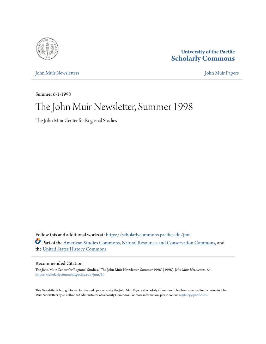 The John Muir Newsletter, Summer 1998