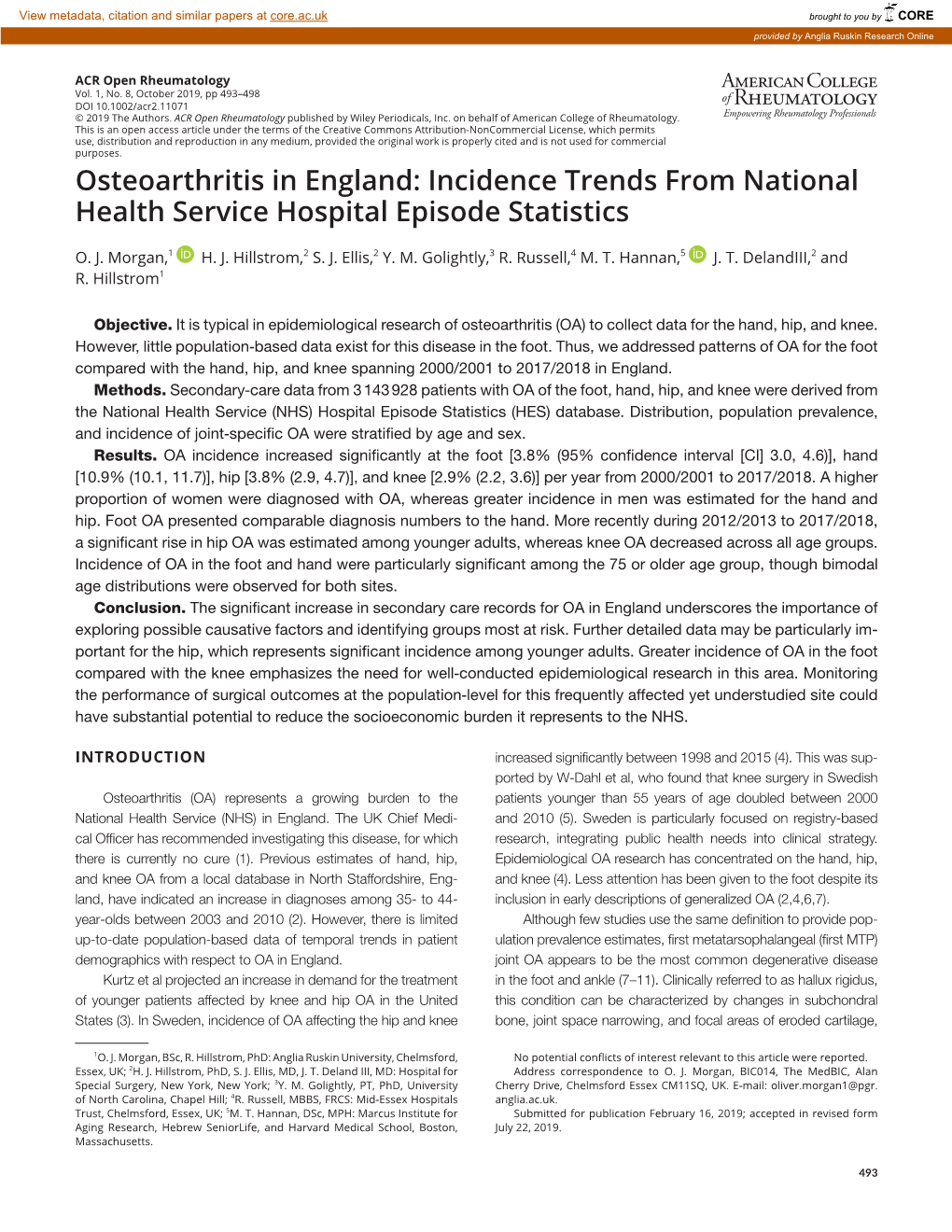 Osteoarthritis in England: Incidence Trends from National Health Service Hospital Episode Statistics