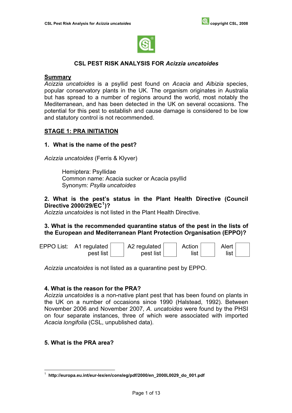 CSL PEST RISK ANALYSIS for Acizzia Uncatoides Summary