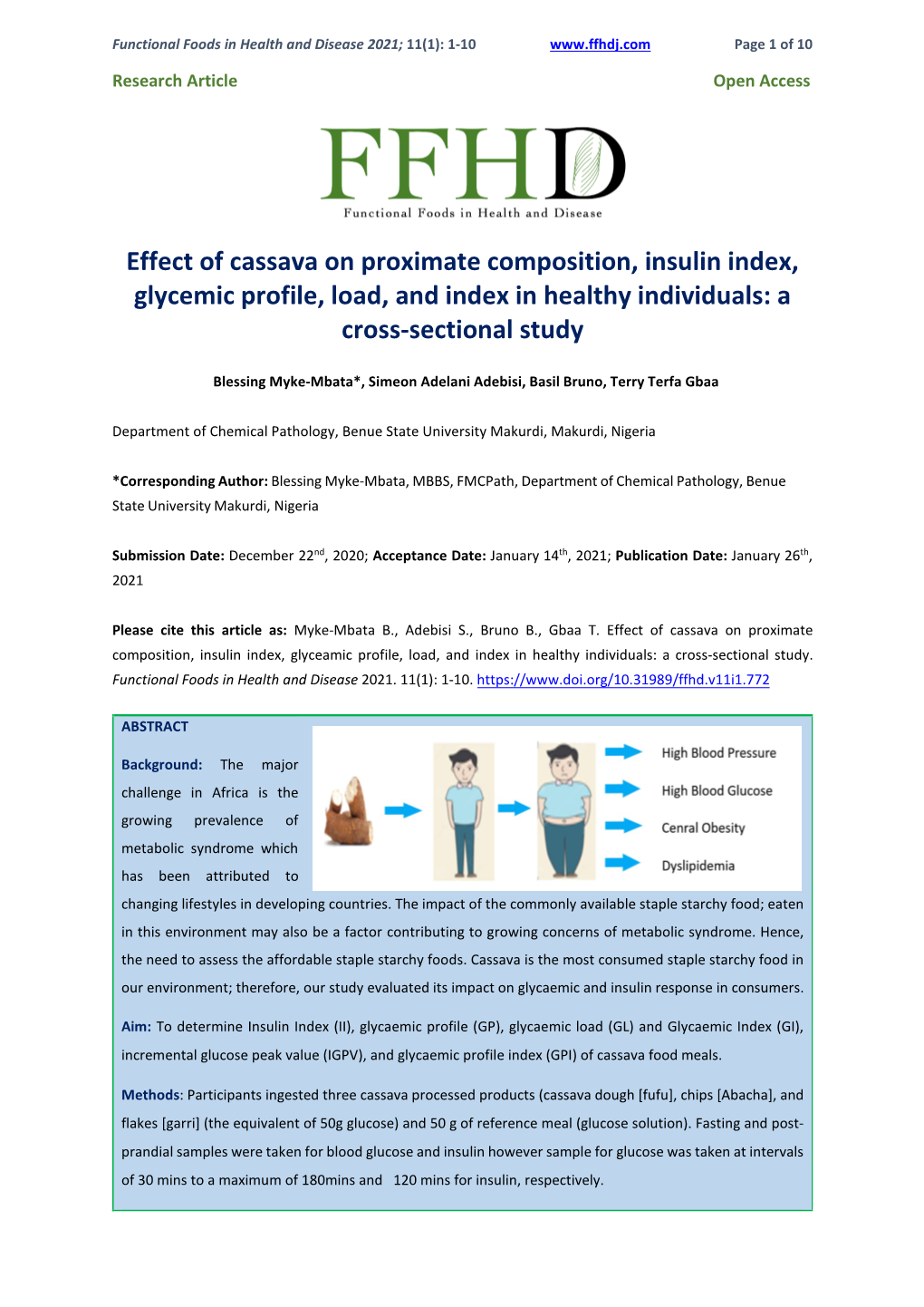 Effect of Cassava on Proximate Composition, Insulin Index, Glycemic Profile, Load, and Index in Healthy Individuals: a Cross-Sectional Study