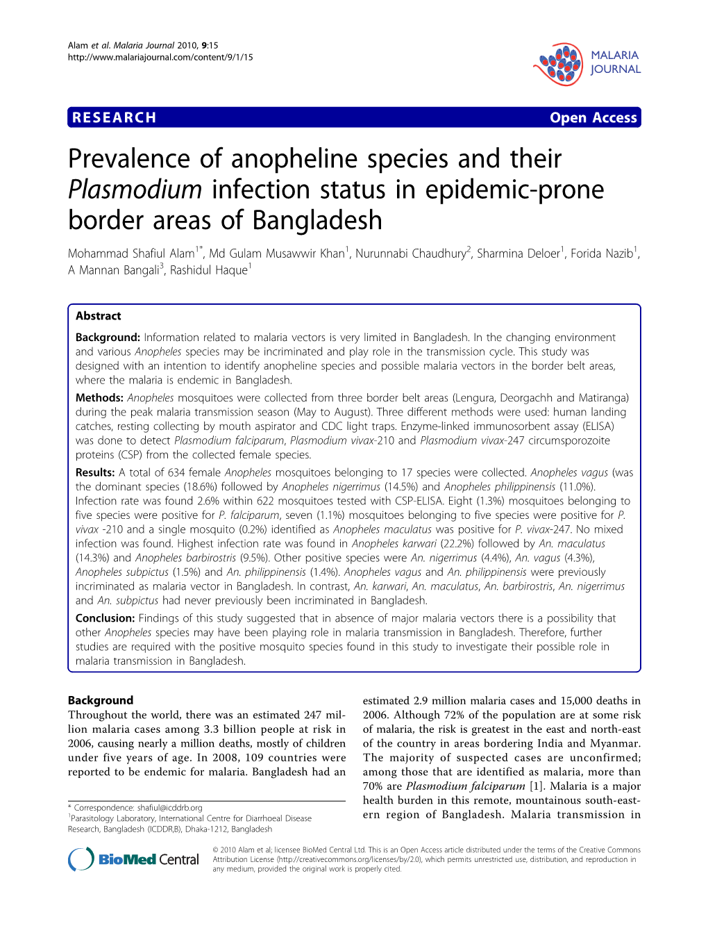 Prevalence of Anopheline Species and Their Plasmodium Infection Status