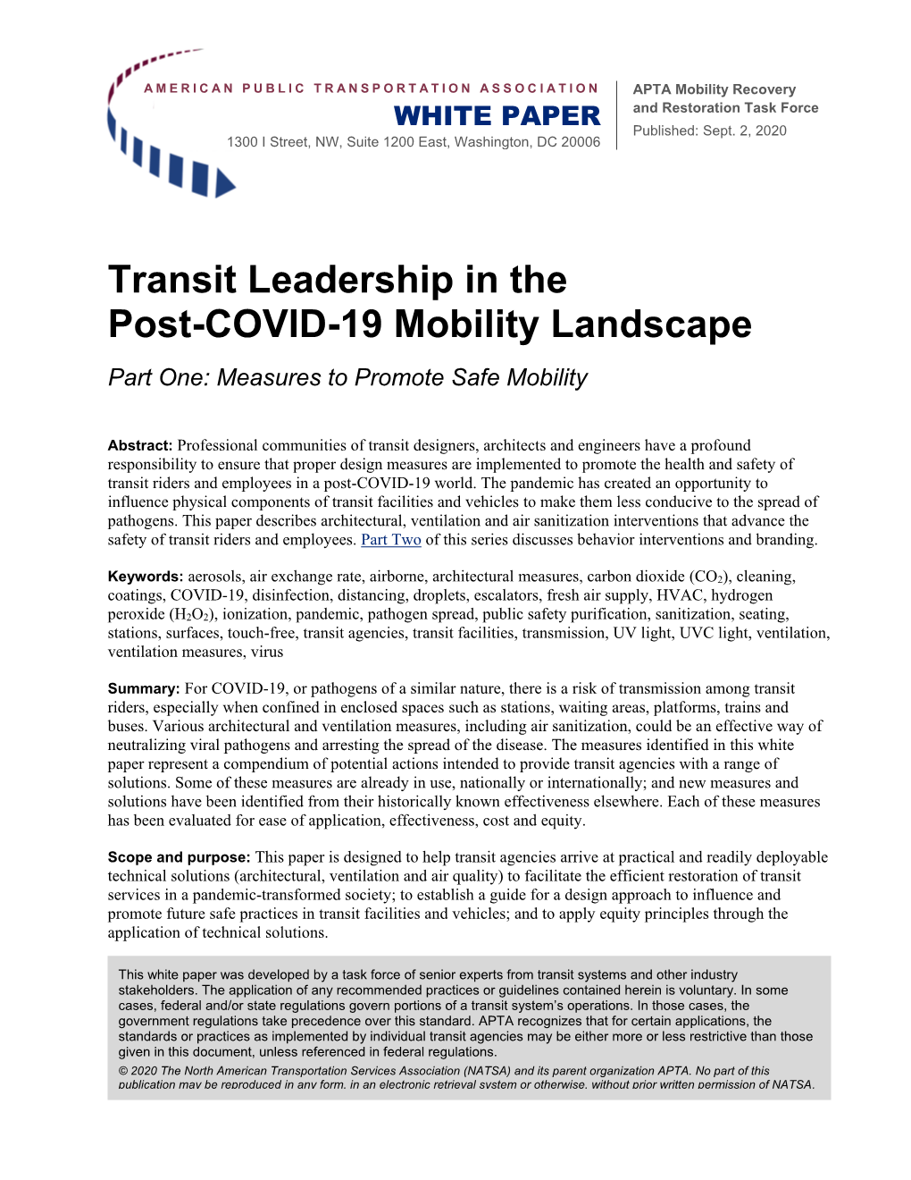 Transit Leadership in the Post-COVID-19 Mobility Landscape Part One: Measures to Promote Safe Mobility