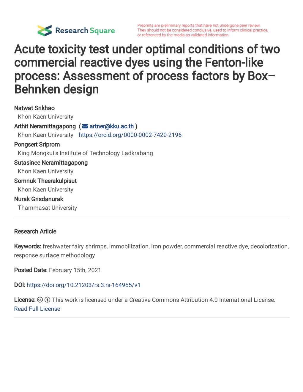 Acute Toxicity Test Under Optimal Conditions of Two Commercial Reactive Dyes Using the Fenton-Like Process: Assessment of Process Factors by Box– Behnken Design