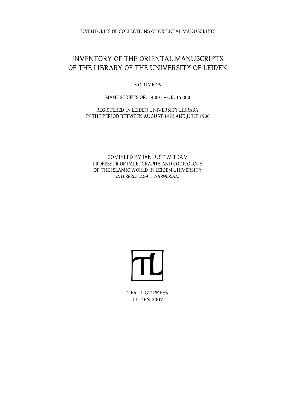 Inventory of Oriental Manuscripts of the Library Of