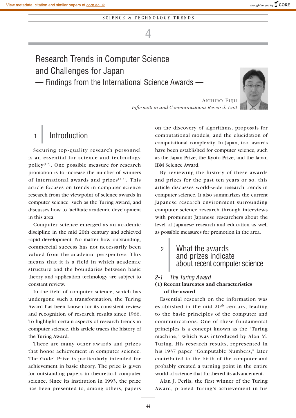 Research Trends in Computer Science and Challenges for Japan — Findings from the International Science Awards —