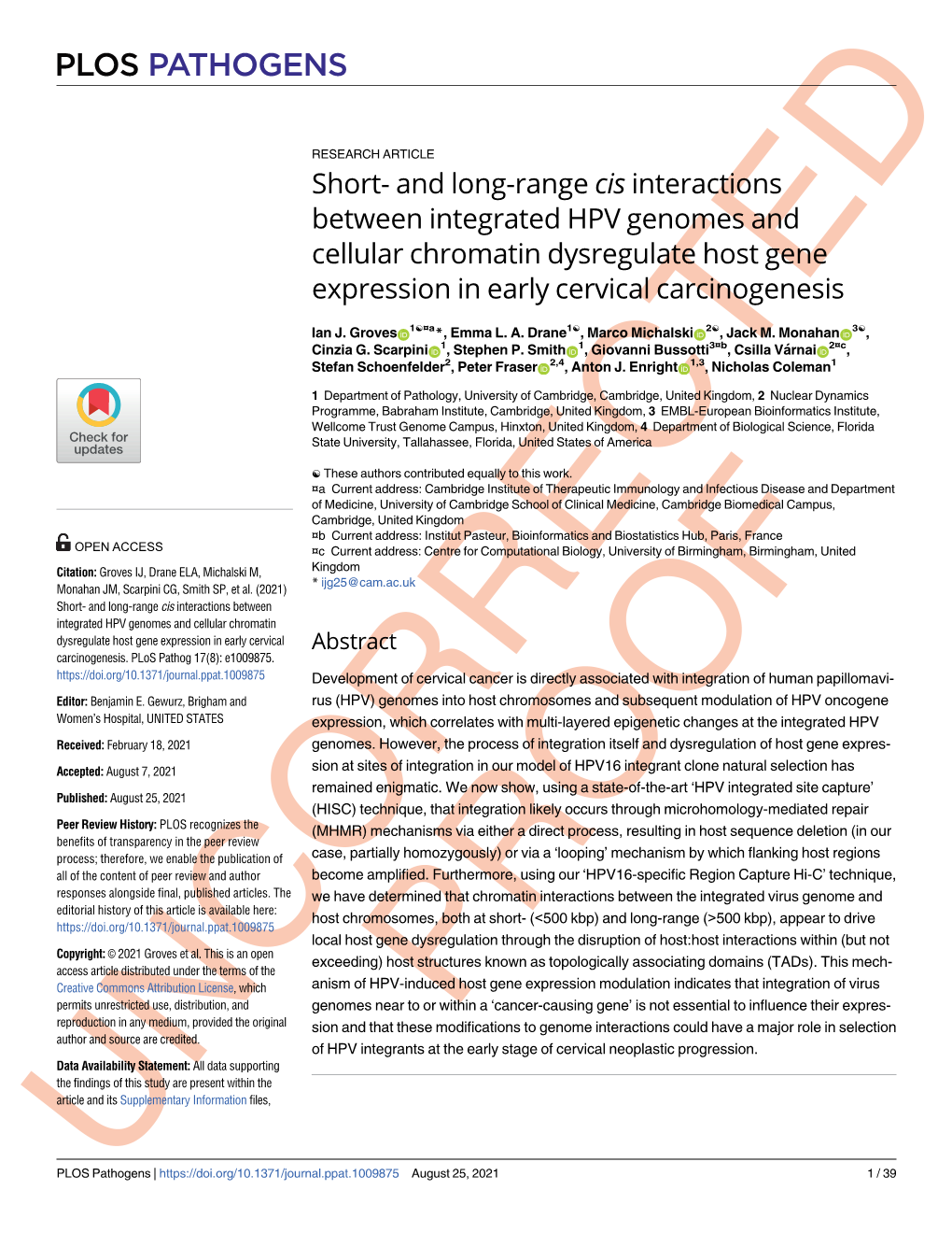 And Long-Range Cis Interactions Between Integrated HPV Genomes and Cellular Chromatin Dysregulate Host Gene Expression in Early Cervical Carcinogenesis