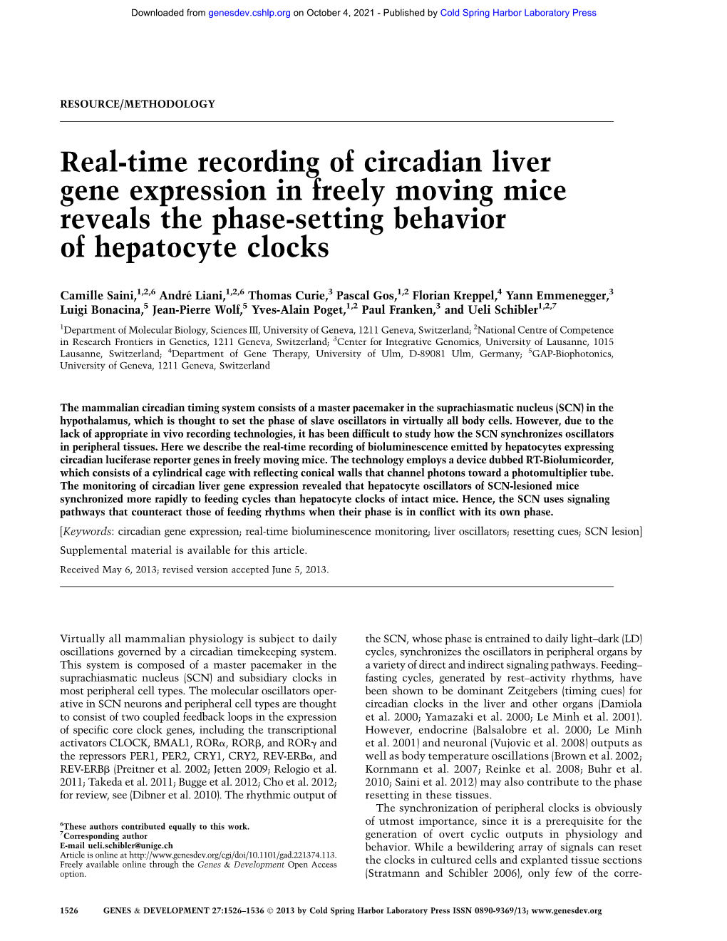 Real-Time Recording of Circadian Liver Gene Expression in Freely Moving Mice Reveals the Phase-Setting Behavior of Hepatocyte Clocks