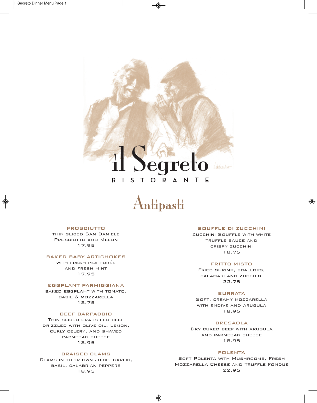 Il Segreto Dinner Menu Page 1