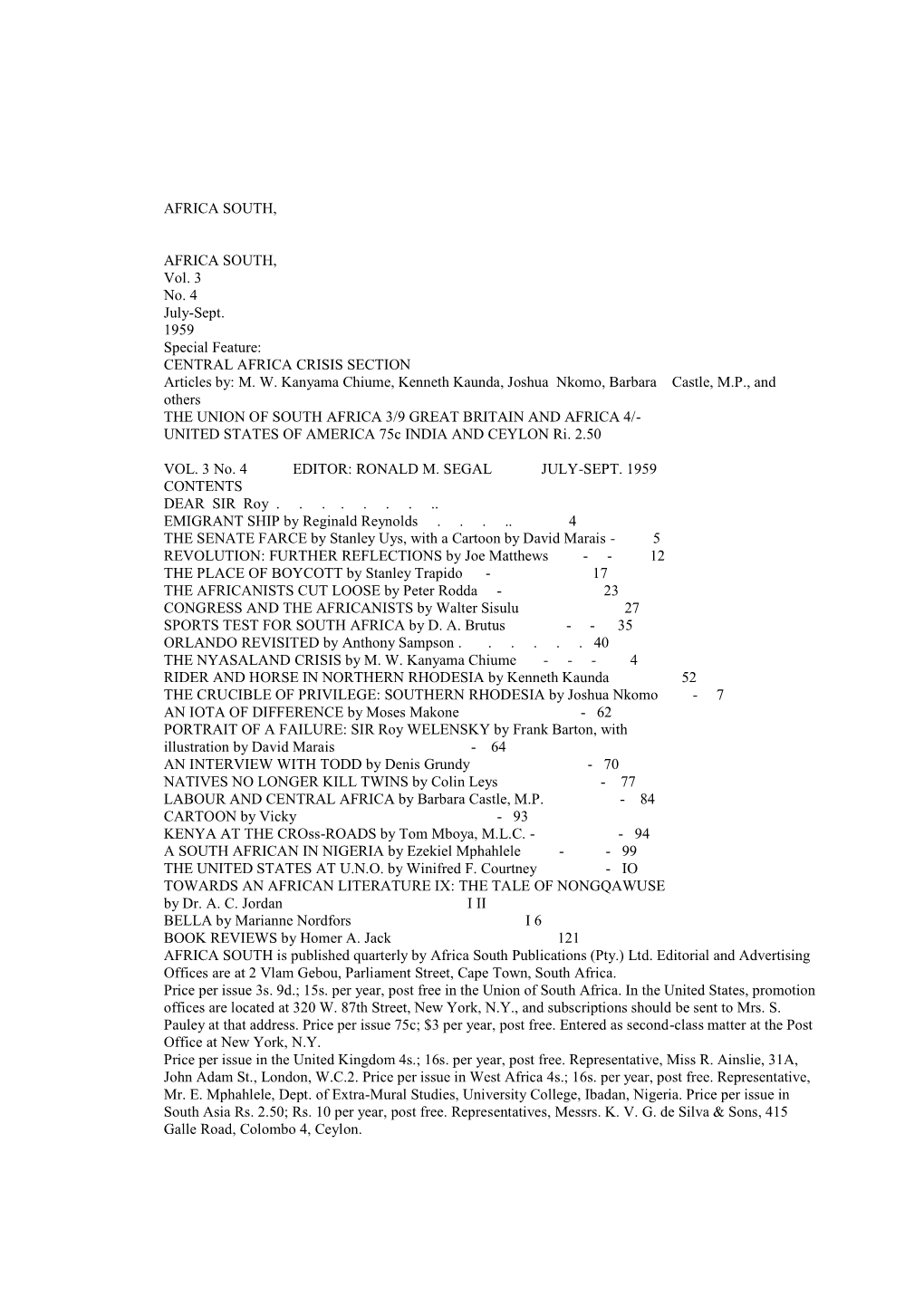 CENTRAL AFRICA CRISIS SECTION Articles By: M