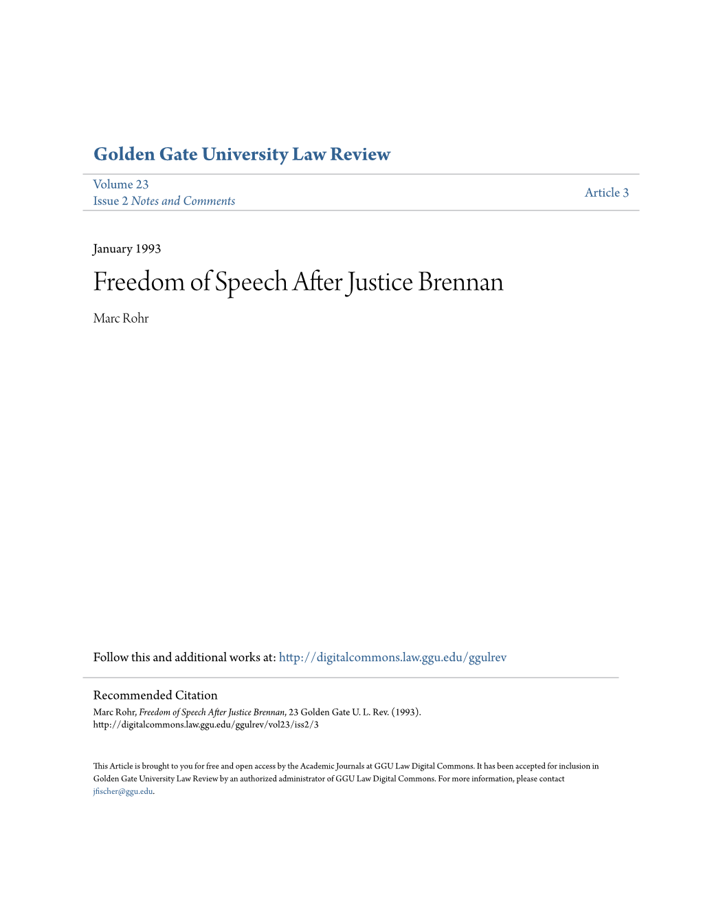 Freedom of Speech After Justice Brennan Marc Rohr
