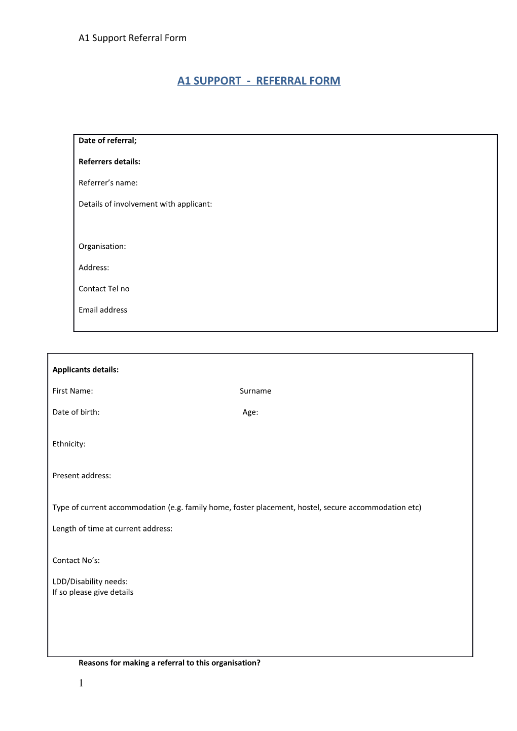 A1 Support Referral Form