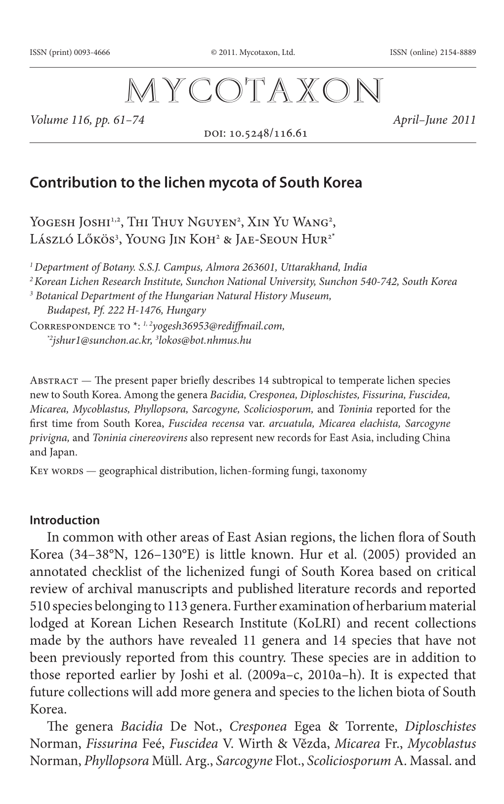 Contribution to the Lichen Mycota of South Korea
