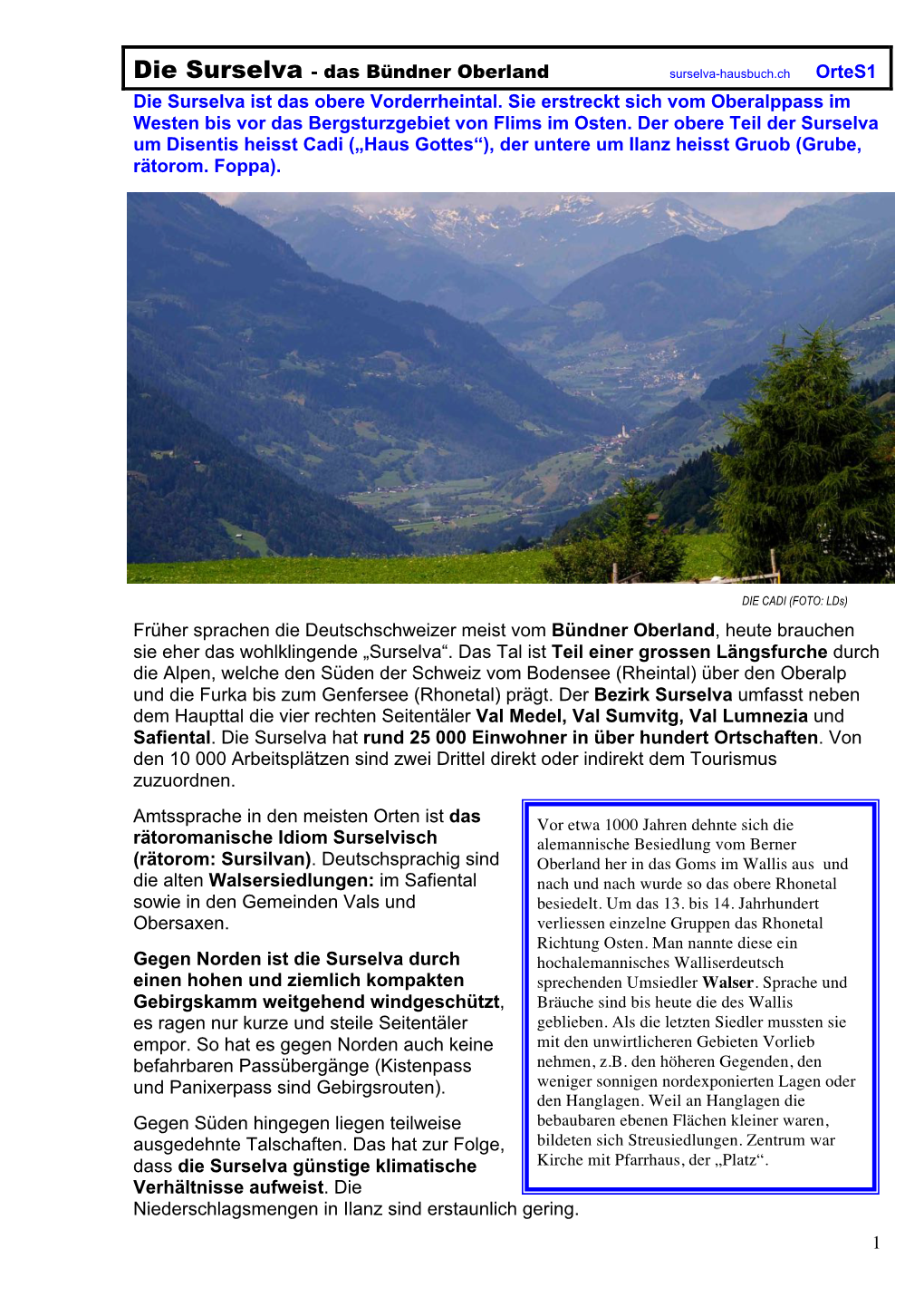 Das Bündner Oberland Surselva-Hausbuch.Ch Ortes1 Die Surselva Ist Das Obere Vorderrheintal